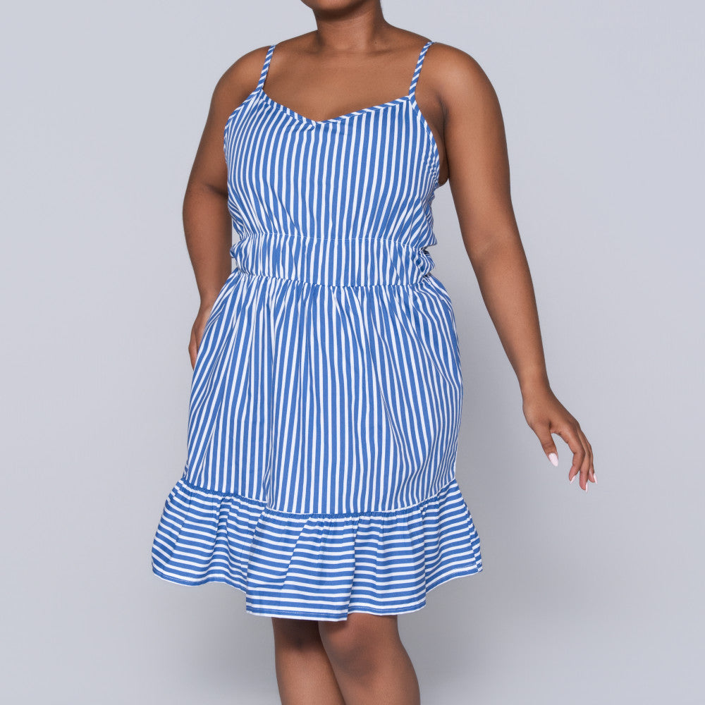 Blue Strappy  Striped Tiered Dress