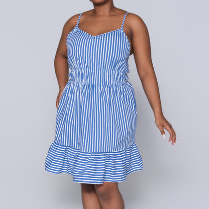Blue Strappy  Striped Tiered Dress