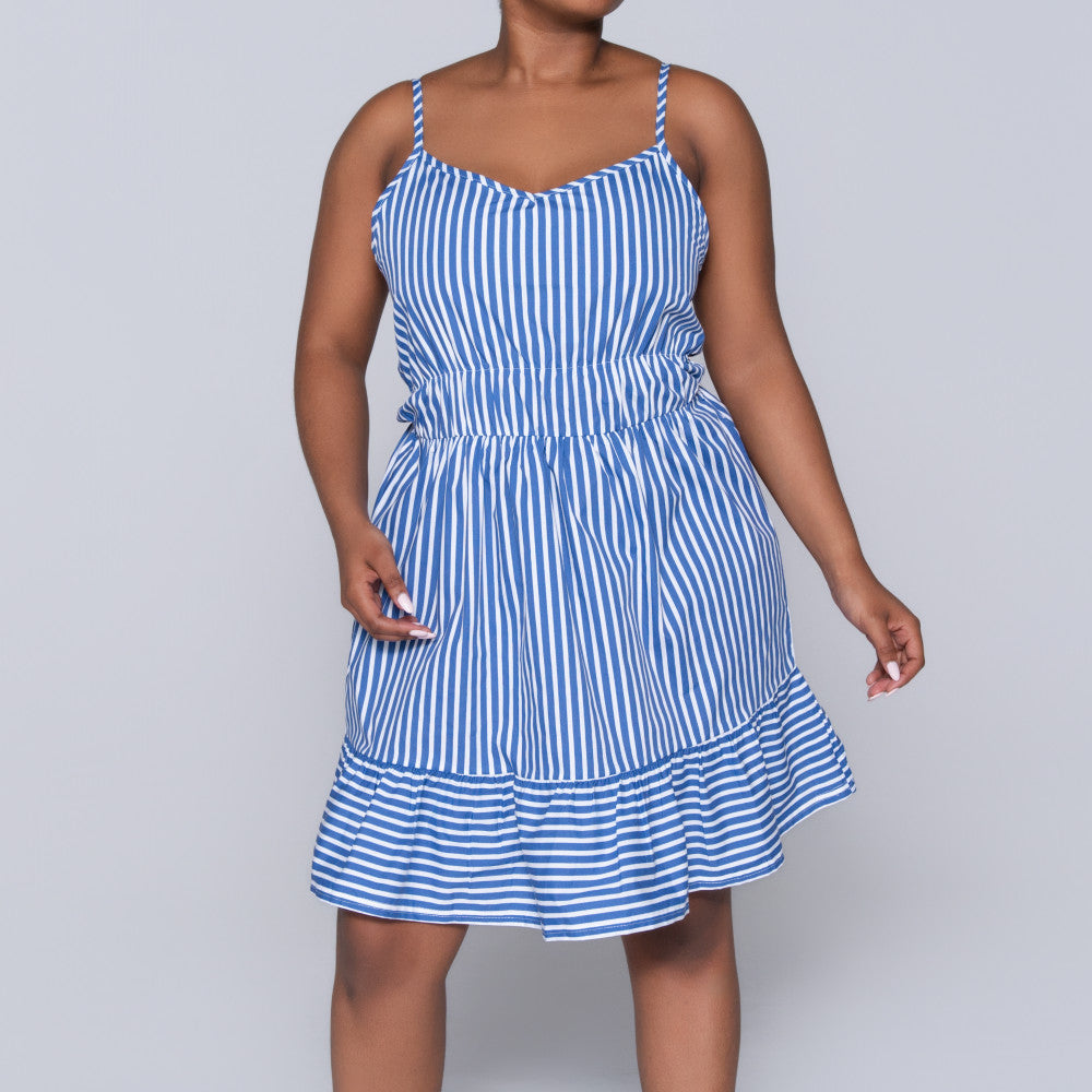 Blue Strappy  Striped Tiered Dress