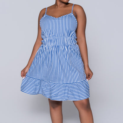 Blue Strappy  Striped Tiered Dress