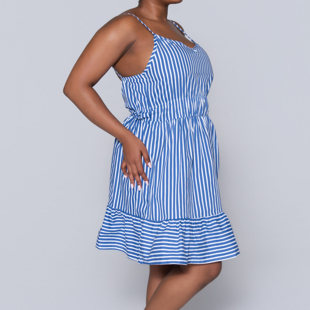 Blue Strappy  Striped Tiered Dress