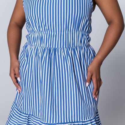 Blue Strappy  Striped Tiered Dress