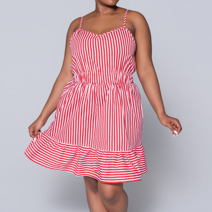 Red Strappy  Striped Tiered Dress