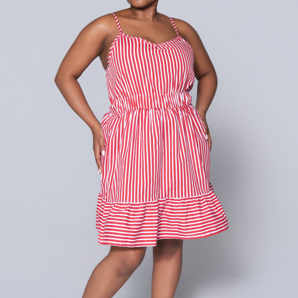 Red Strappy  Striped Tiered Dress
