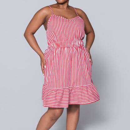 Red Strappy  Striped Tiered Dress