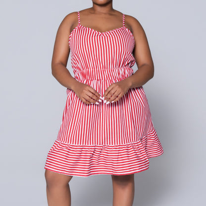 Red Strappy  Striped Tiered Dress