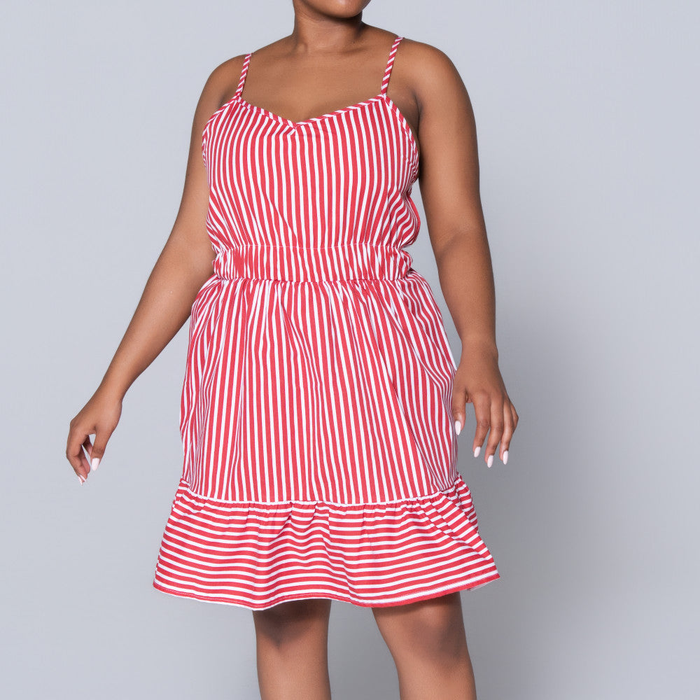 Red Strappy  Striped Tiered Dress