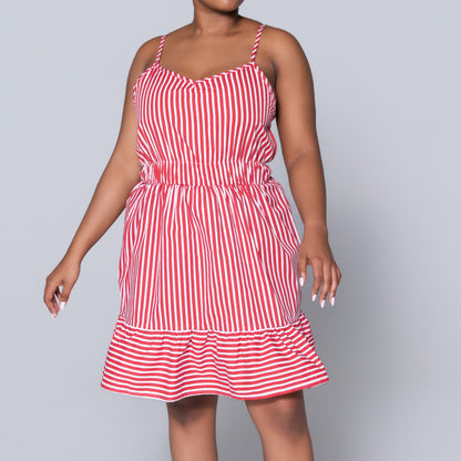 Red Strappy  Striped Tiered Dress