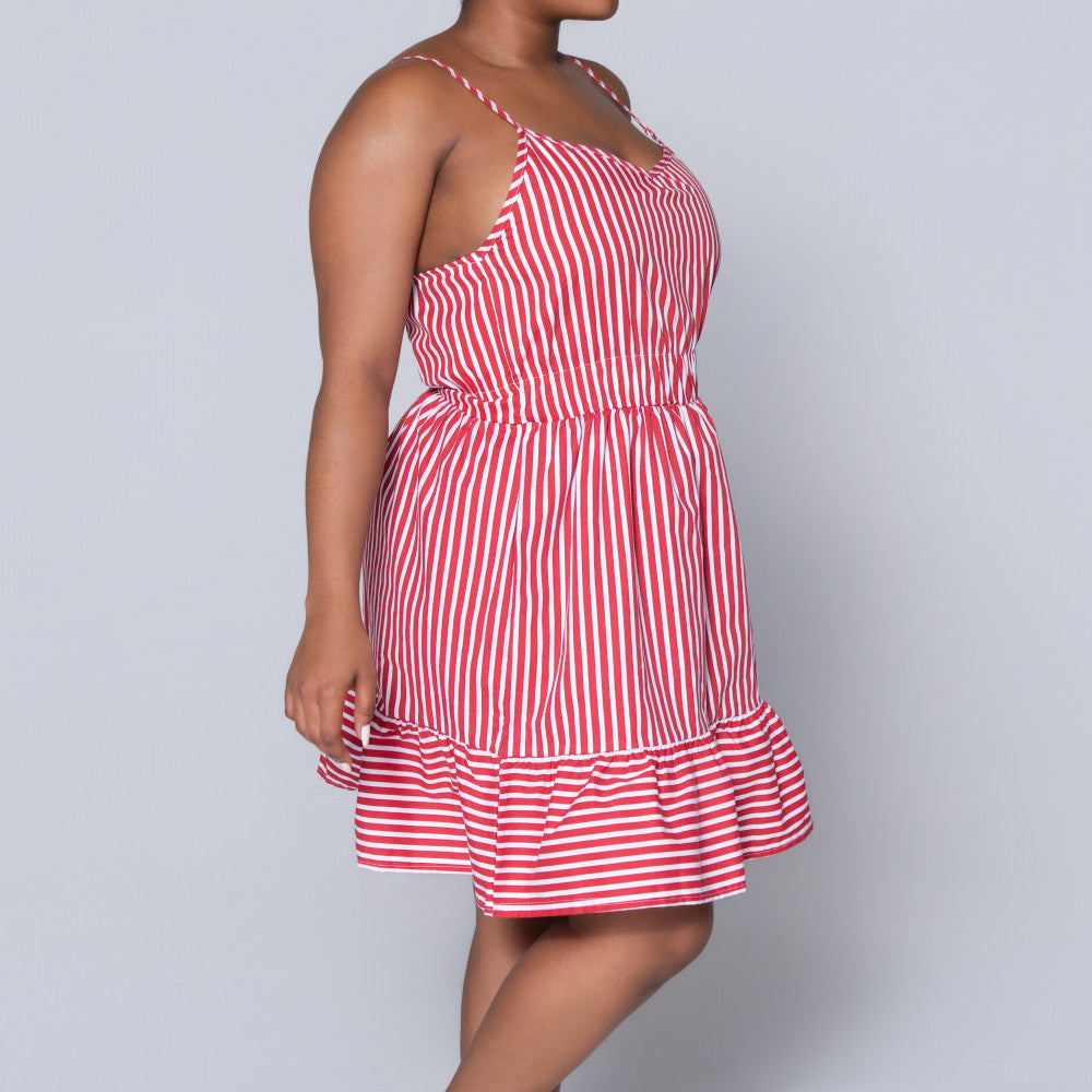 Red Strappy  Striped Tiered Dress