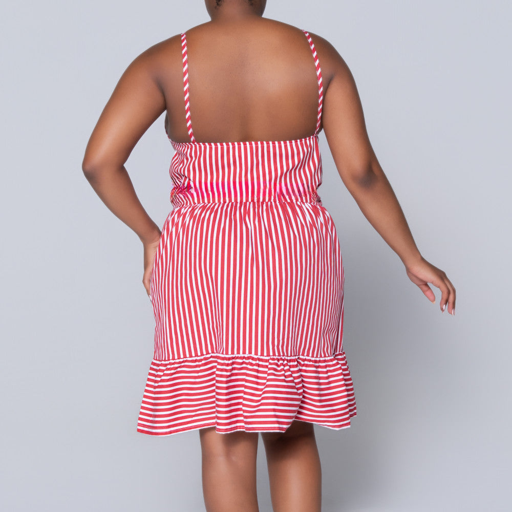 Red Strappy  Striped Tiered Dress