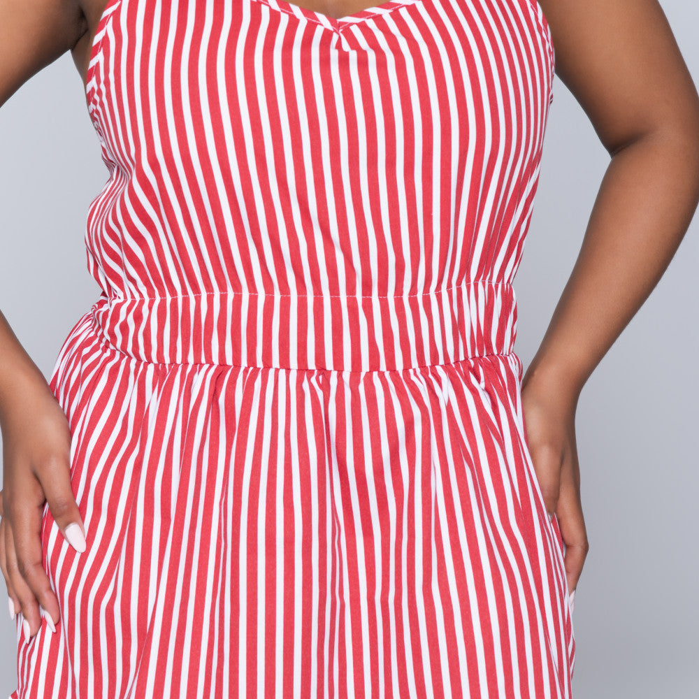 Red Strappy  Striped Tiered Dress