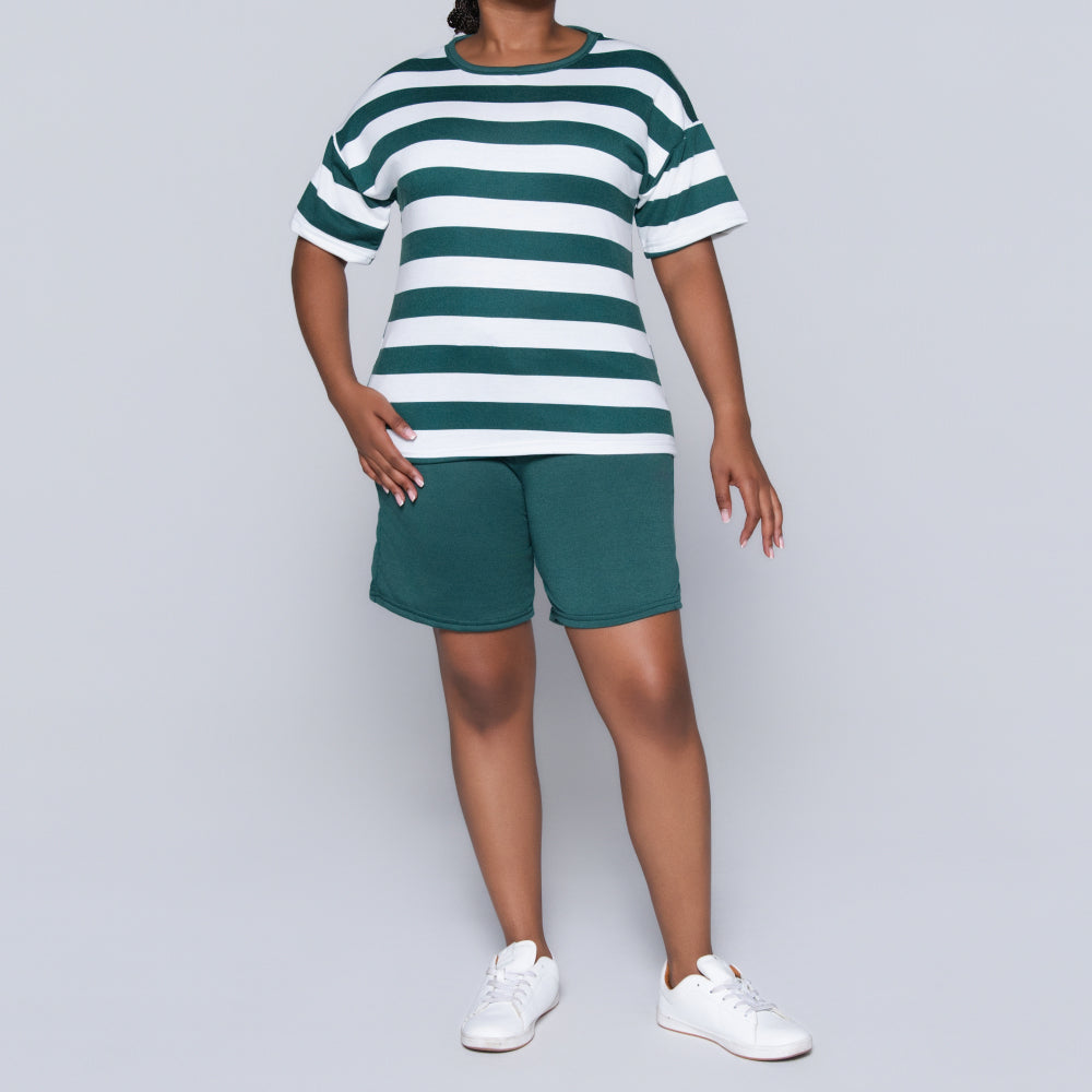 Bottle Green Striped Shorts And Top Set