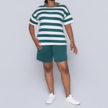 Bottle Green Striped Shorts And Top Set