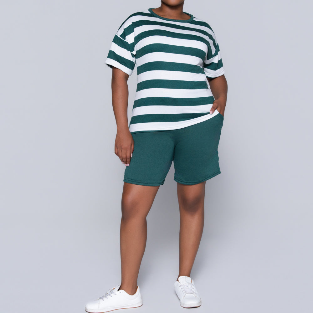 Bottle Green Striped Shorts And Top Set