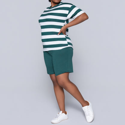 Bottle Green Striped Shorts And Top Set