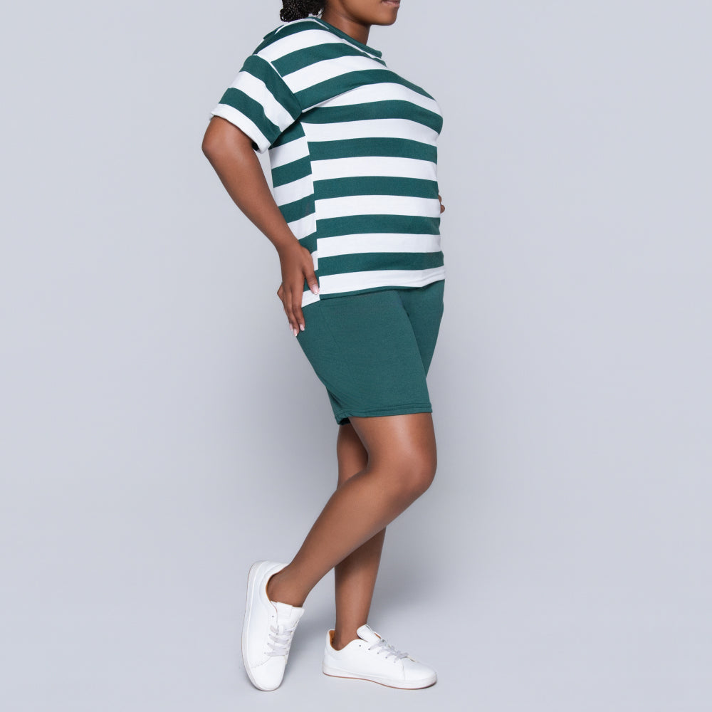 Bottle Green Striped Shorts And Top Set