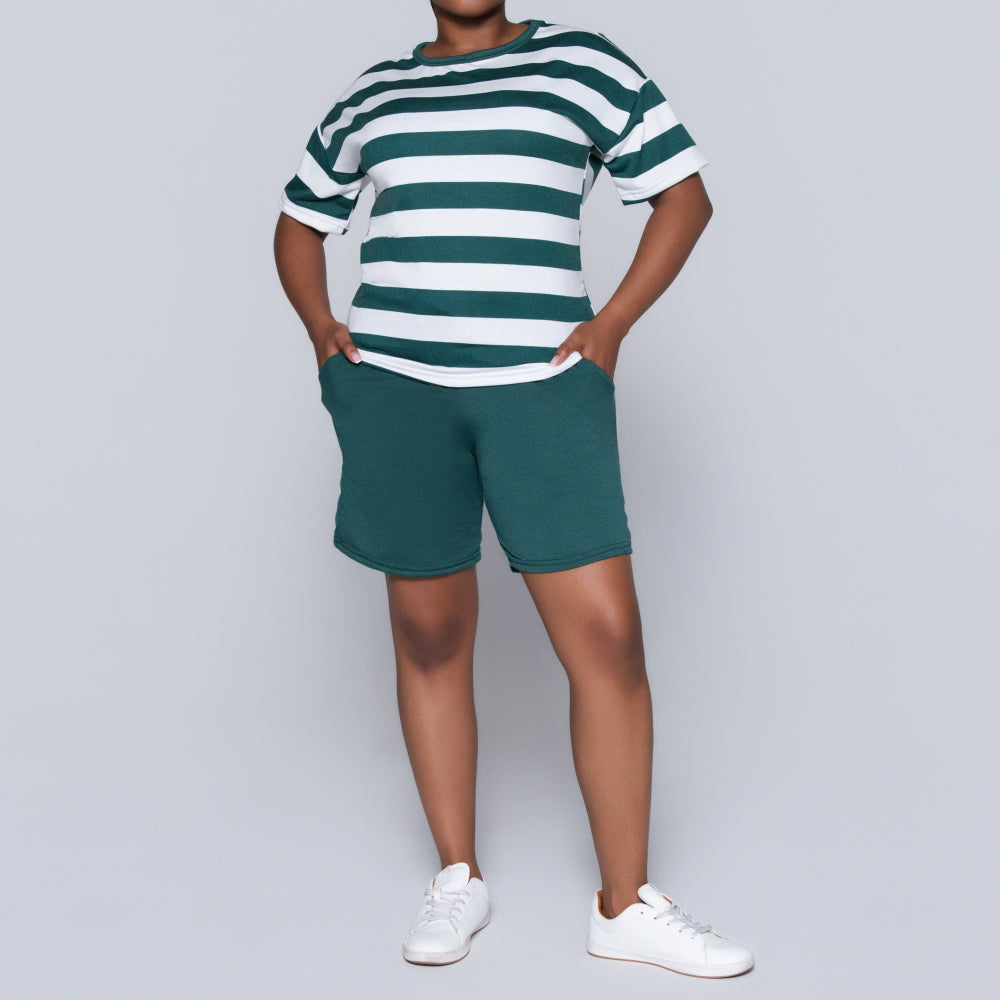 Bottle Green Striped Shorts And Top Set