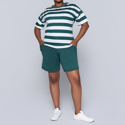 Bottle Green Striped Shorts And Top Set