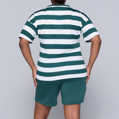 Bottle Green Striped Shorts And Top Set