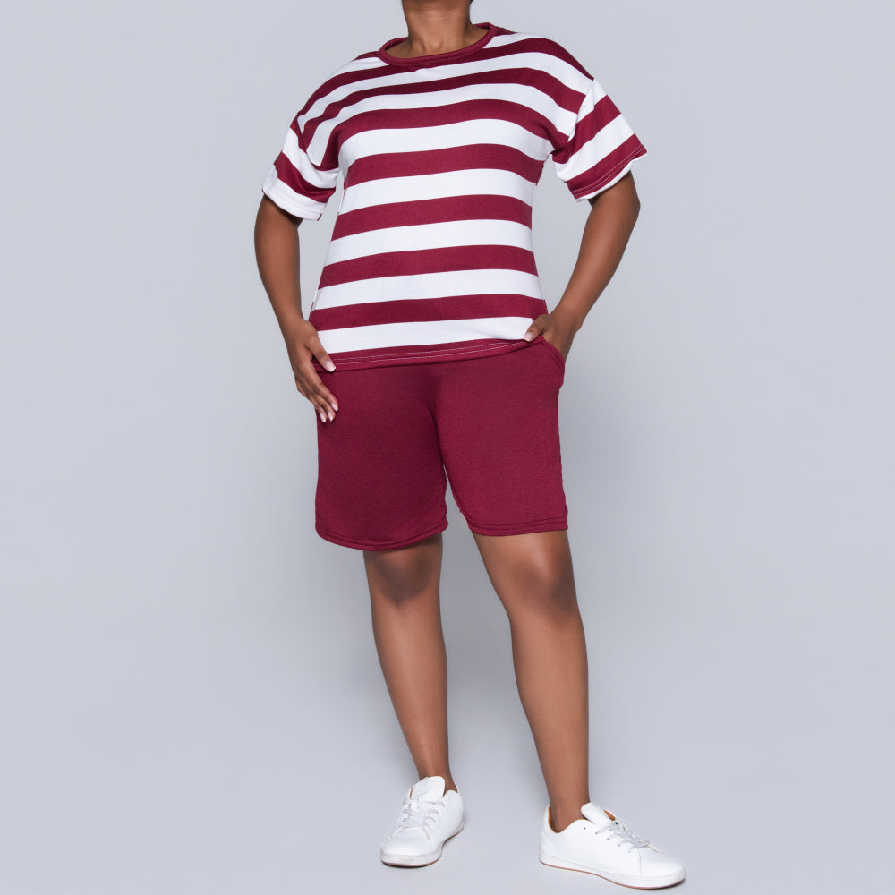 Wine/Ivory Striped Shorts And Top Set
