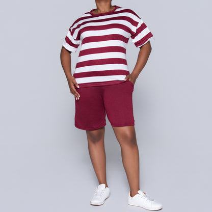Wine/Ivory Striped Shorts And Top Set