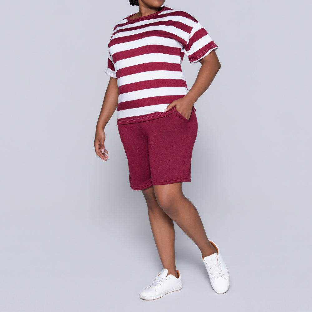 Wine/Ivory Striped Shorts And Top Set