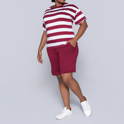 Wine/Ivory Striped Shorts And Top Set