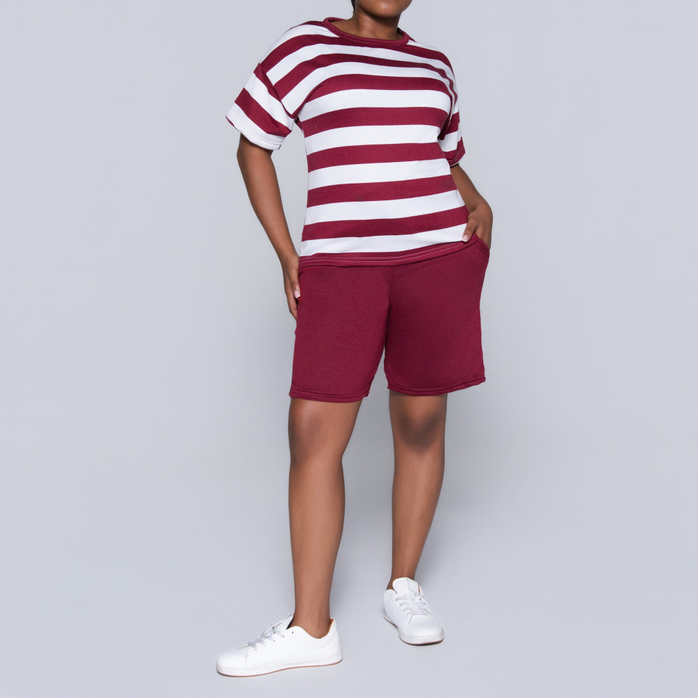Wine/Ivory Striped Shorts And Top Set