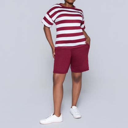 Wine/Ivory Striped Shorts And Top Set