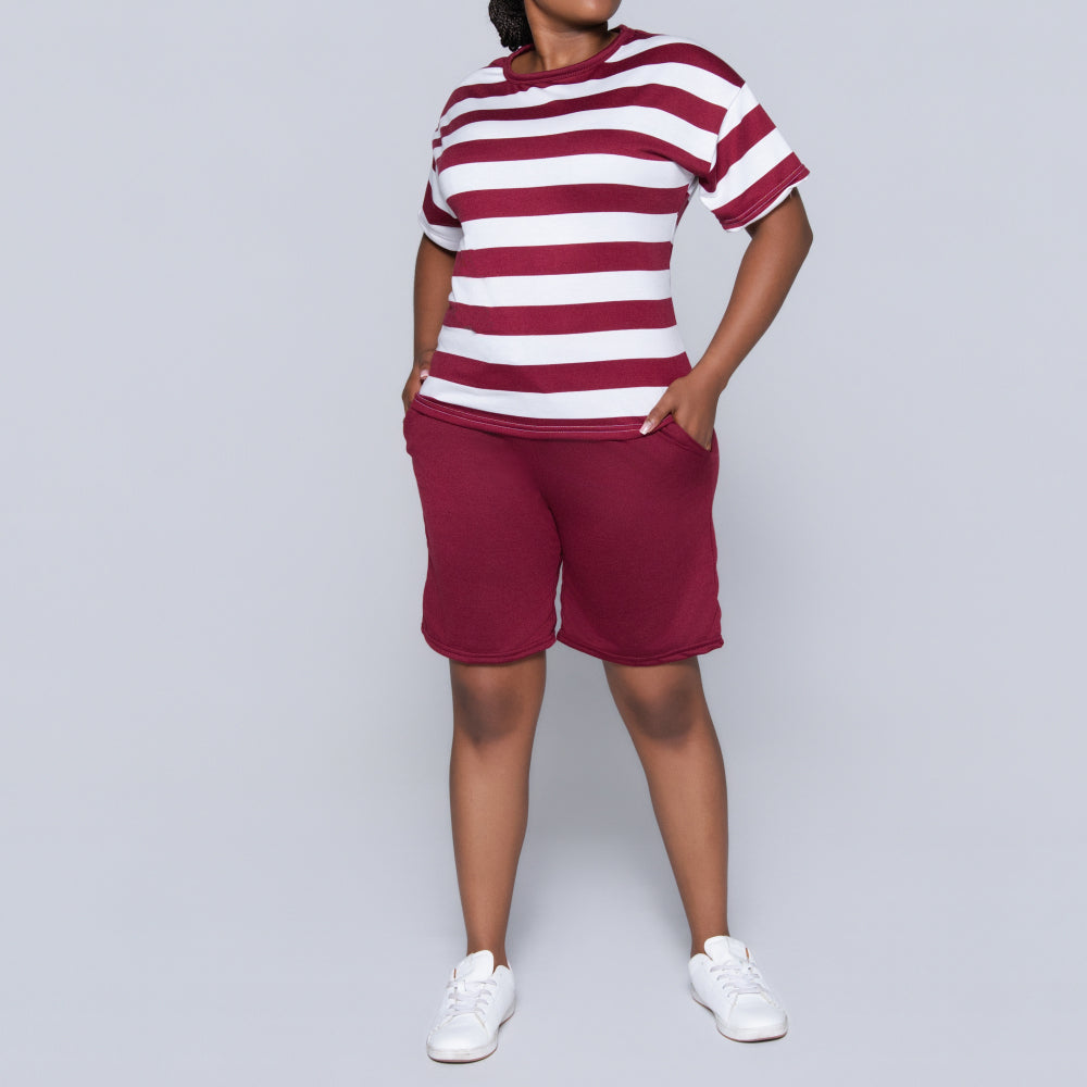 Wine/Ivory Striped Shorts And Top Set