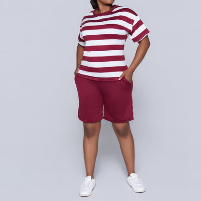 Wine/Ivory Striped Shorts And Top Set