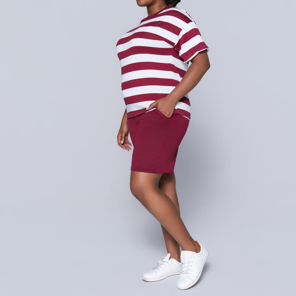 Wine/Ivory Striped Shorts And Top Set