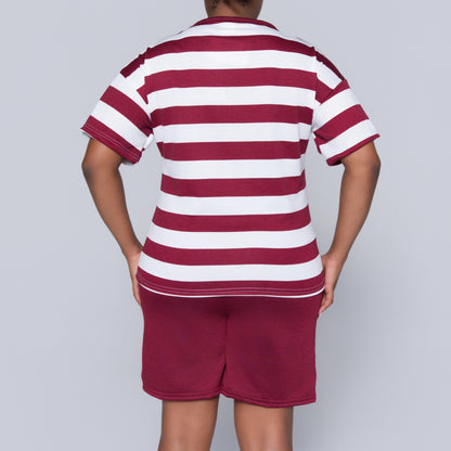 Wine/Ivory Striped Shorts And Top Set