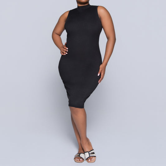 Black Sleeveless Rib Turtle Neck Dress