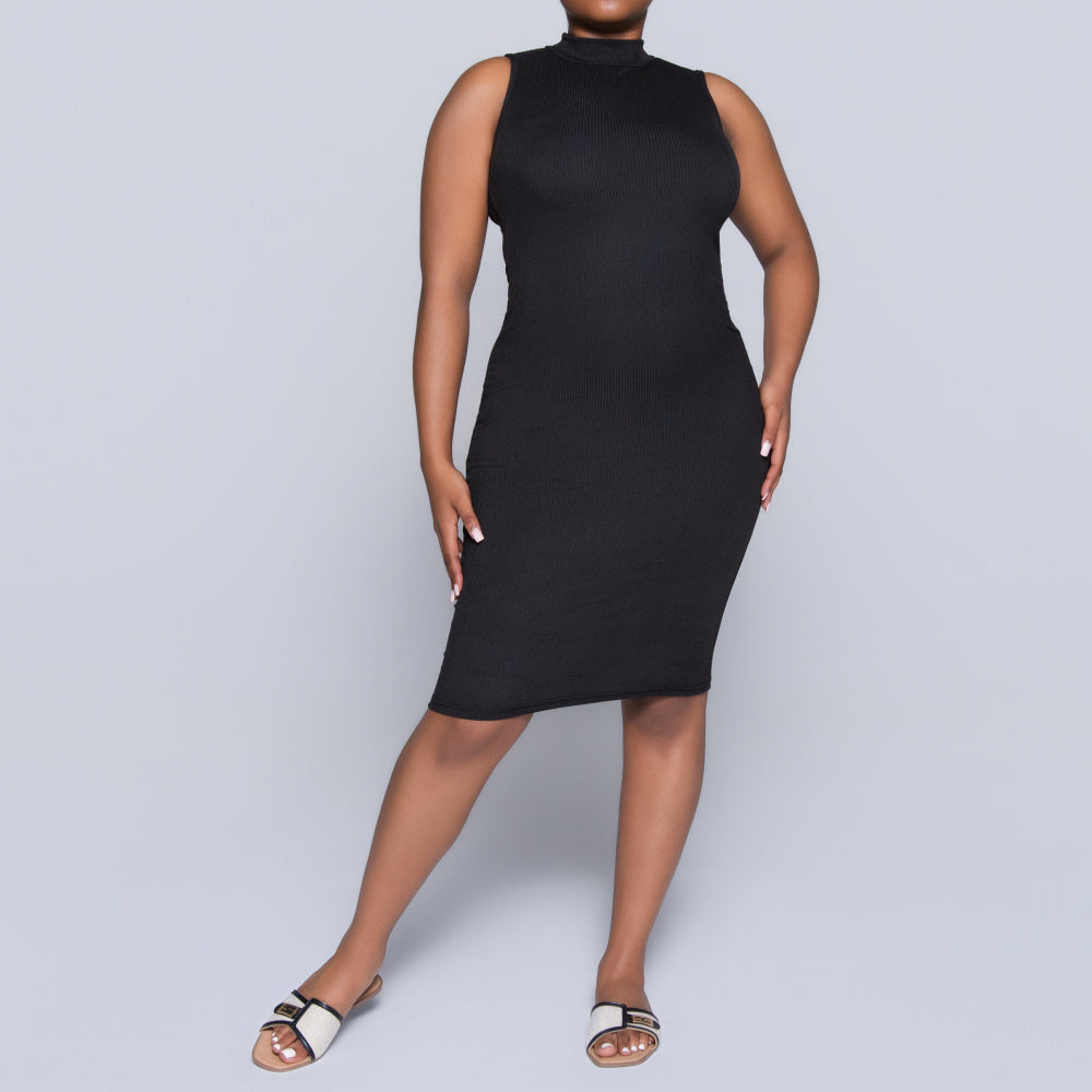 Black Sleeveless Rib Turtle Neck Dress
