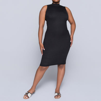 Black Sleeveless Rib Turtle Neck Dress