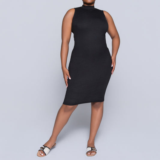 Black Sleeveless Rib Turtle Neck Dress