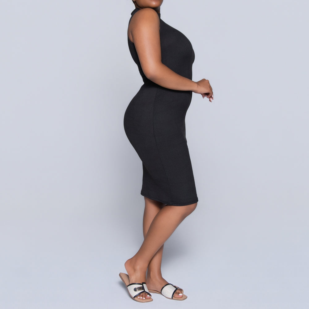 Black Sleeveless Rib Turtle Neck Dress
