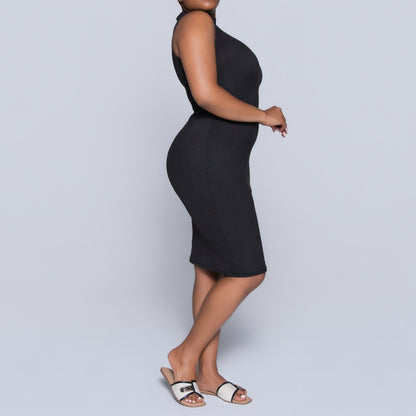 Black Sleeveless Rib Turtle Neck Dress