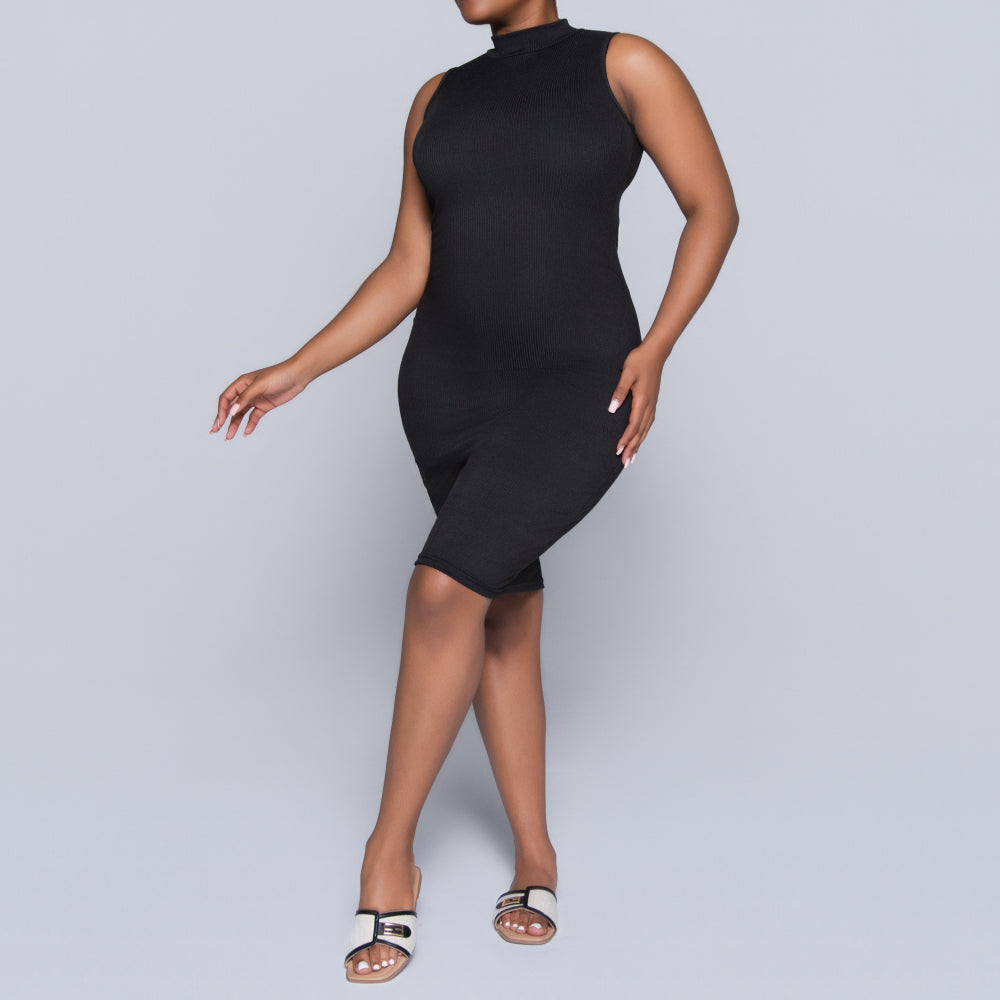 Black Sleeveless Rib Turtle Neck Dress