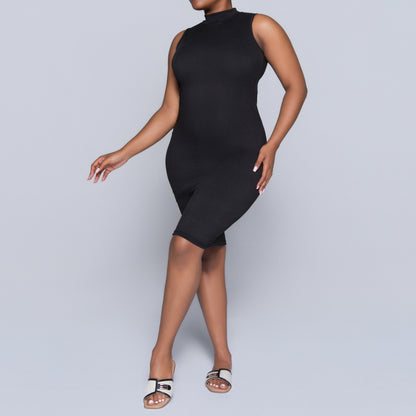 Black Sleeveless Rib Turtle Neck Dress