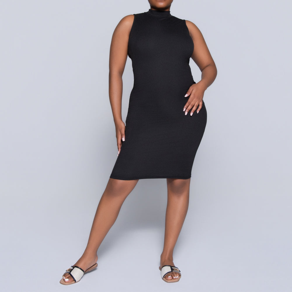 Black Sleeveless Rib Turtle Neck Dress