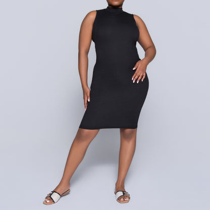 Black Sleeveless Rib Turtle Neck Dress