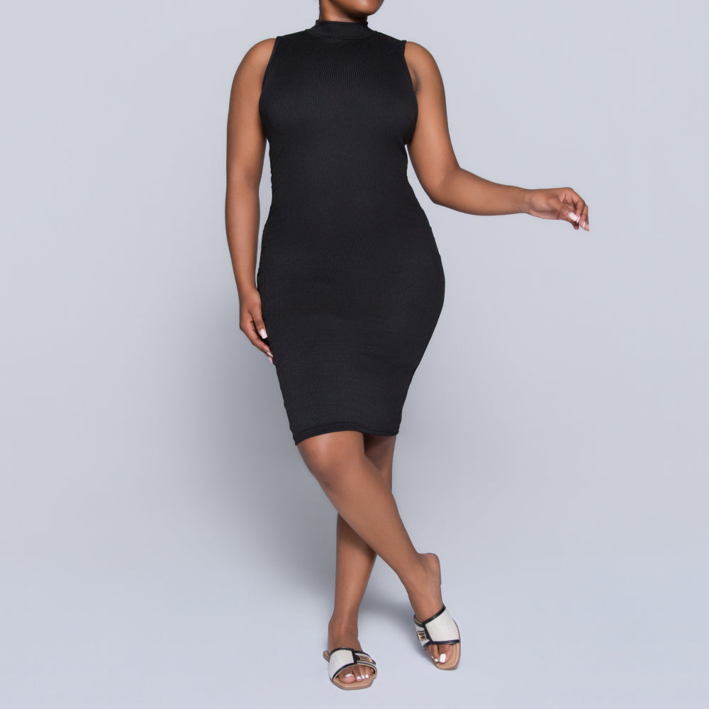 Black Sleeveless Rib Turtle Neck Dress