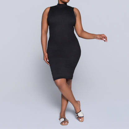 Black Sleeveless Rib Turtle Neck Dress