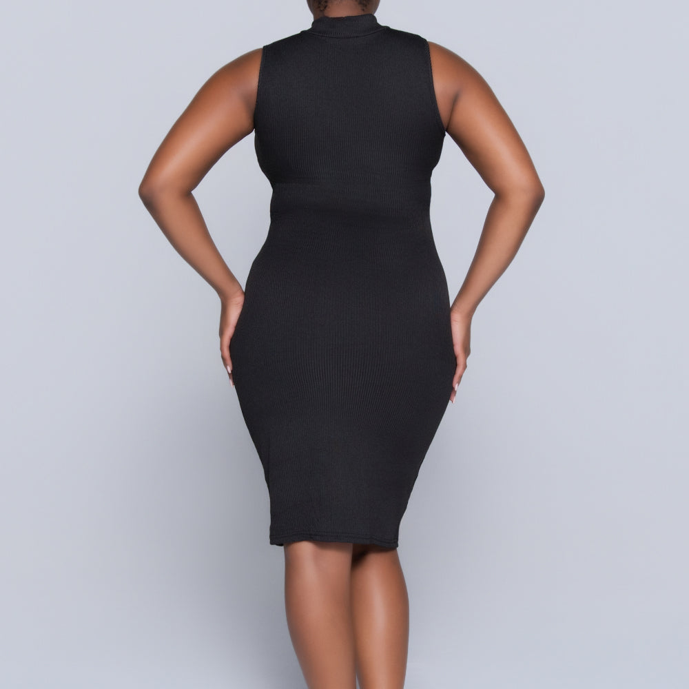 Black Sleeveless Rib Turtle Neck Dress