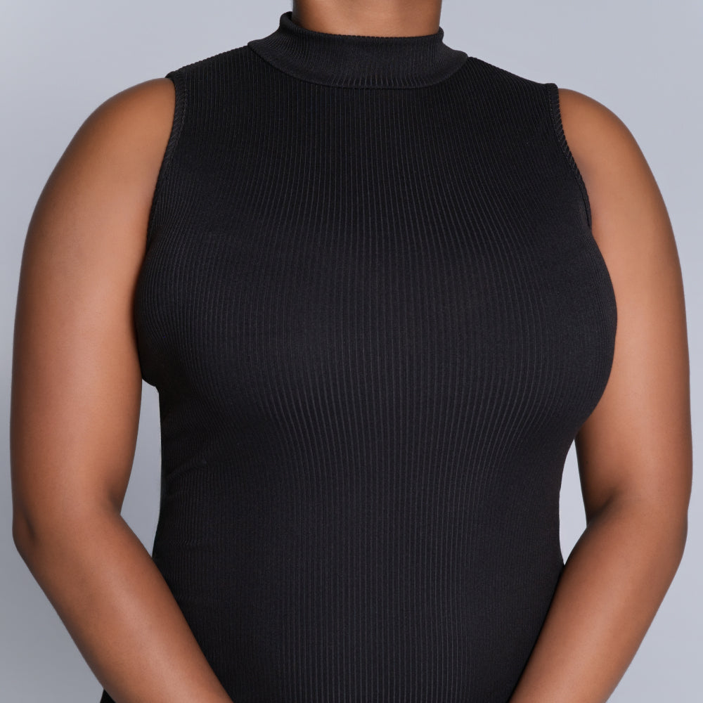 Black Sleeveless Rib Turtle Neck Dress