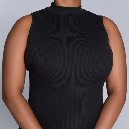 Black Sleeveless Rib Turtle Neck Dress