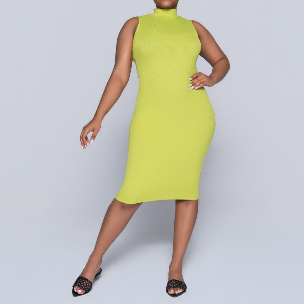 Chartreuse Sleeveless Rib Turtle Neck Dress