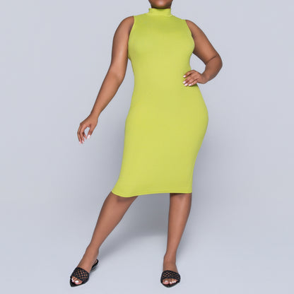 Chartreuse Sleeveless Rib Turtle Neck Dress